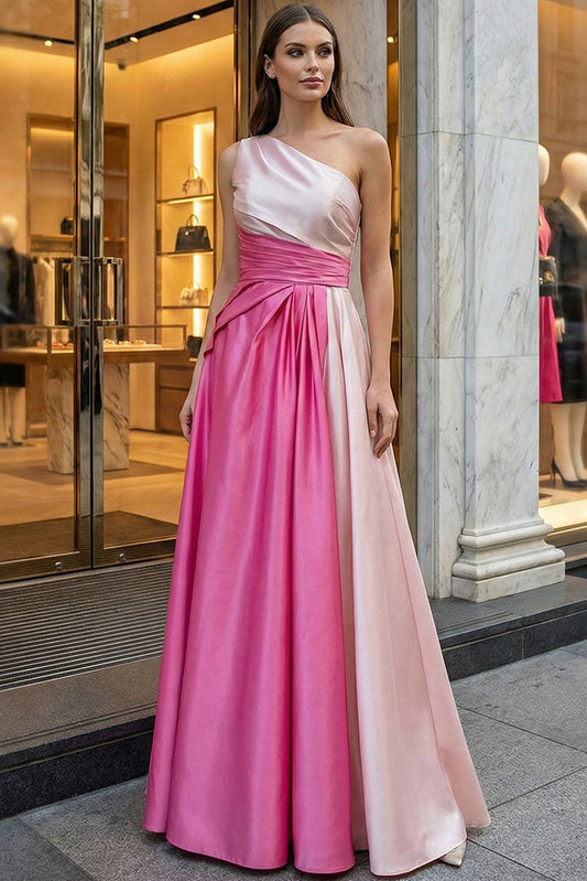 Asymmetrical-Neck Sleeveless Two Tone Satin Pleated Floor-Length A-Line Prom Dress