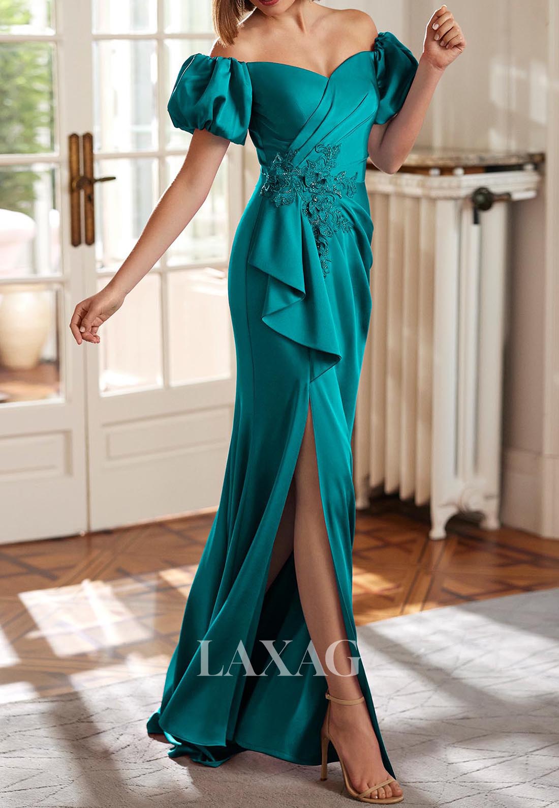 Sweetheart Short-Puff-Sleeves Cocktail Gowns Applique Slit Mermaid Mot –  Laxag