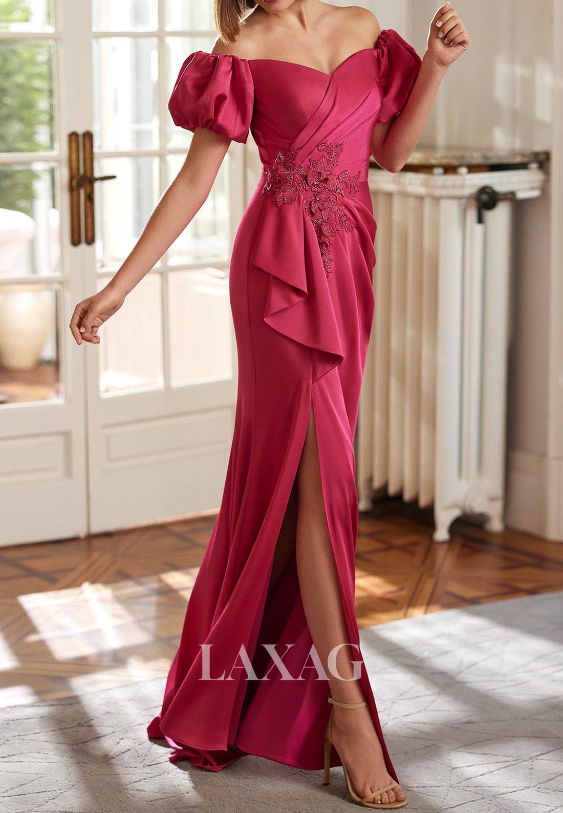 Sweetheart Short-Puff-Sleeves Cocktail Gowns Applique Slit Mermaid Mother of the Bride Dress Sweetheart Short-Puff-Sleeves Cocktail Gowns Applique Slit Mermaid Mother of the Bride Dress