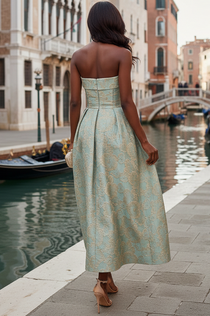 Off-Shoulder Tube Top Sleeveless Jacquard Satin Pleated Ankle-Length A-Line Evening Dress