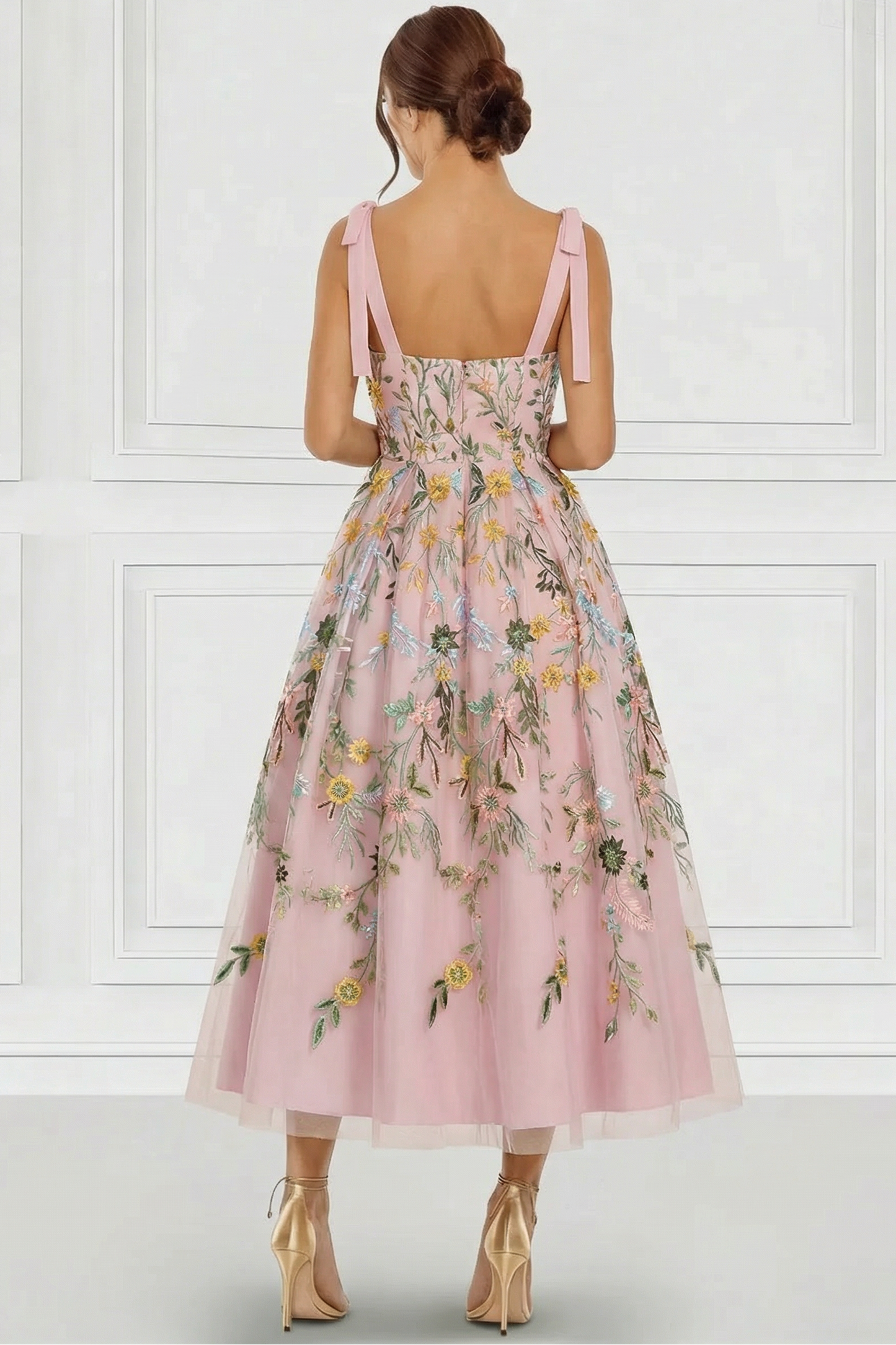 Sweetheart Straps Sleeveless 3D-Floral Jacquard Tulle Pleated Ankle-Length A-Line Cocktail Dress