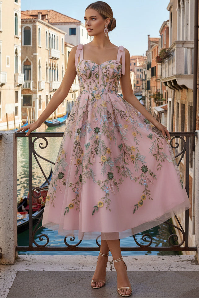 Sweetheart Straps Sleeveless 3D-Floral Jacquard Tulle Pleated Ankle-Length A-Line Cocktail Dress