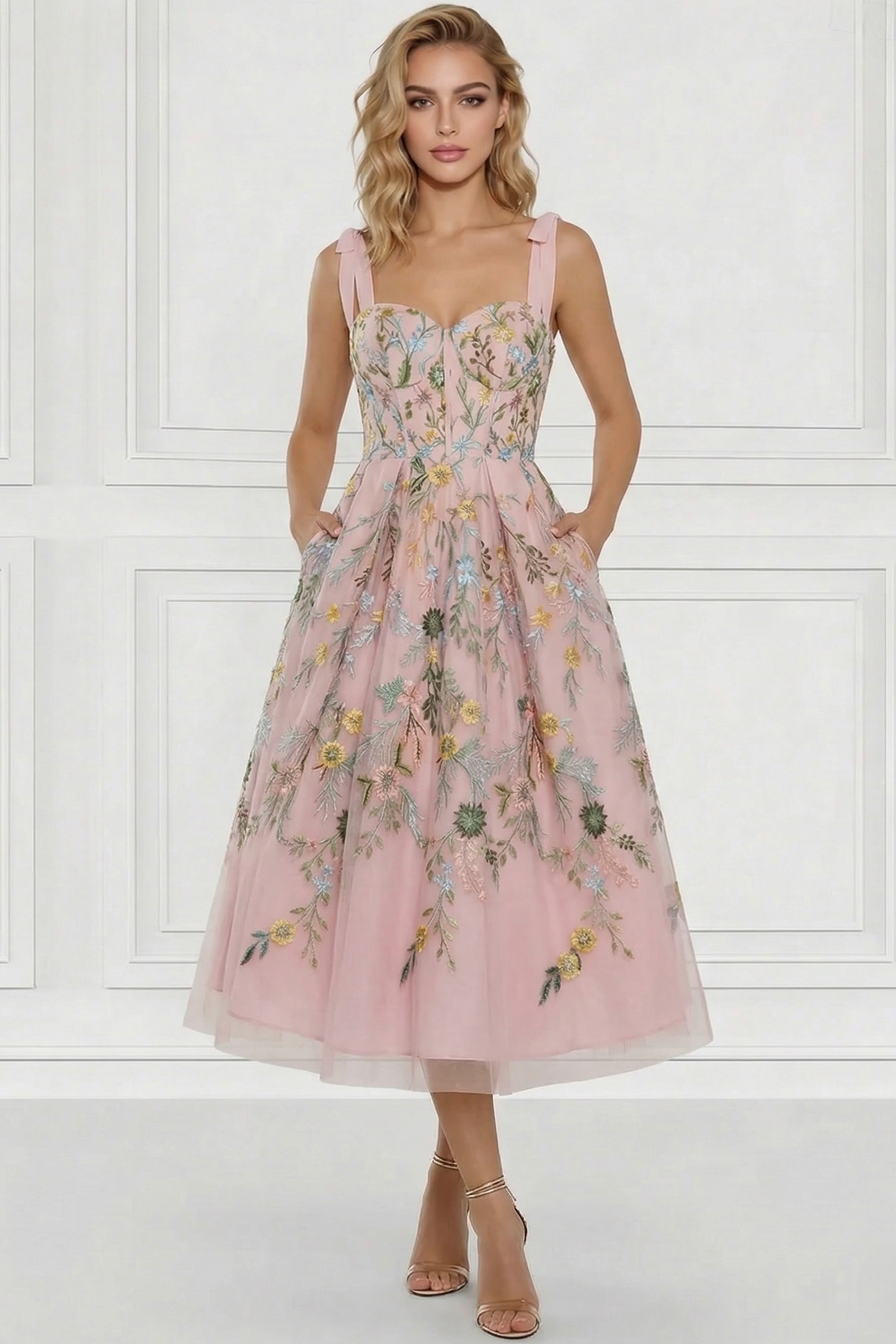 Sweetheart Straps Sleeveless 3D-Floral Jacquard Tulle Pleated Ankle-Length A-Line Cocktail Dress