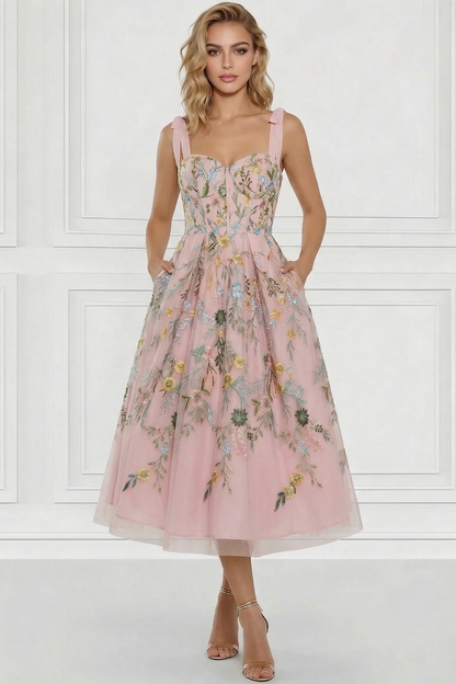 Sweetheart Straps Sleeveless 3D-Floral Jacquard Tulle Pleated Ankle-Length A-Line Cocktail Dress
