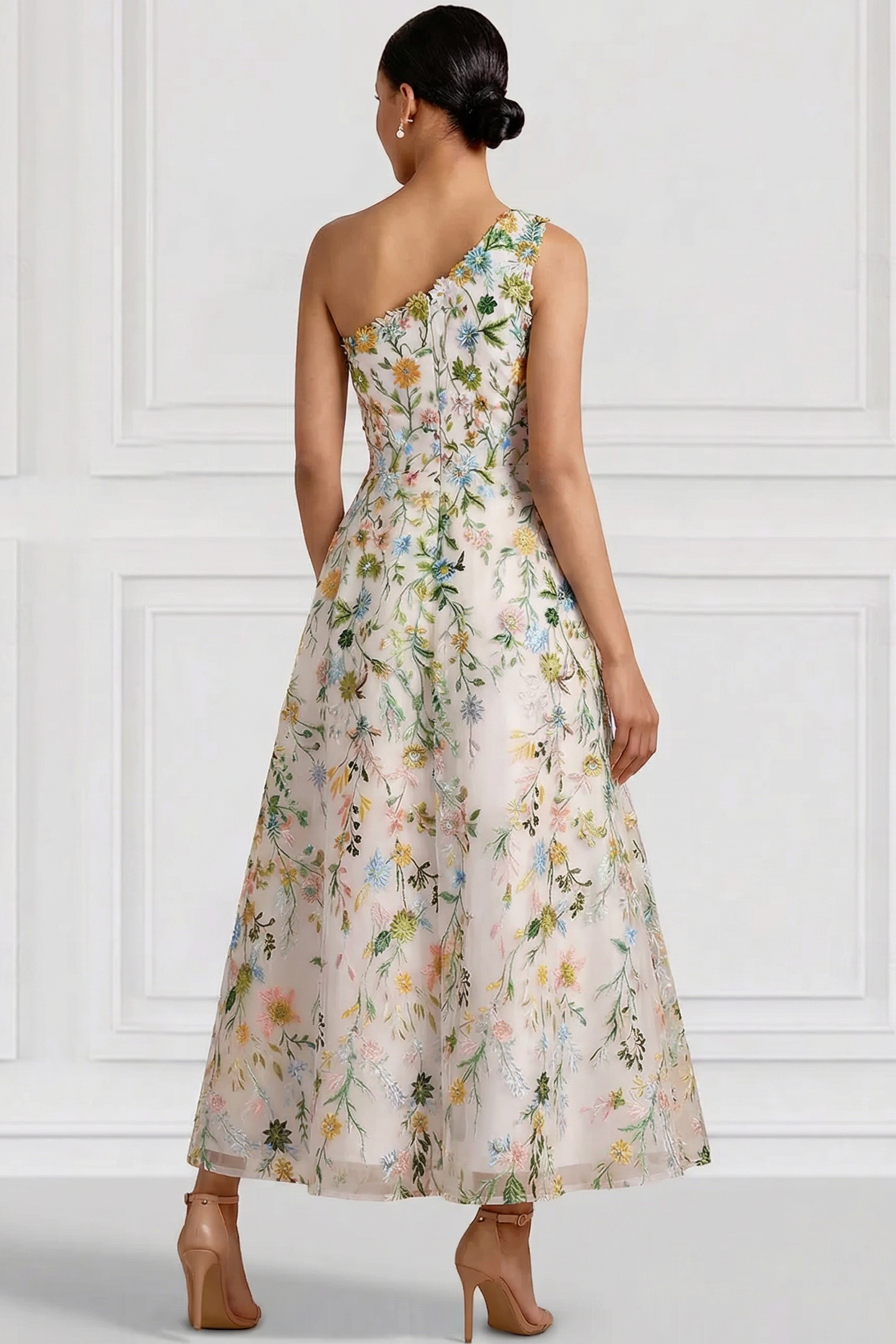 Asymmetrical-Neck Sleeveless 3D-Floral Jacquard Tulle Pleated Ankle-Length A-Line Cocktail Dress