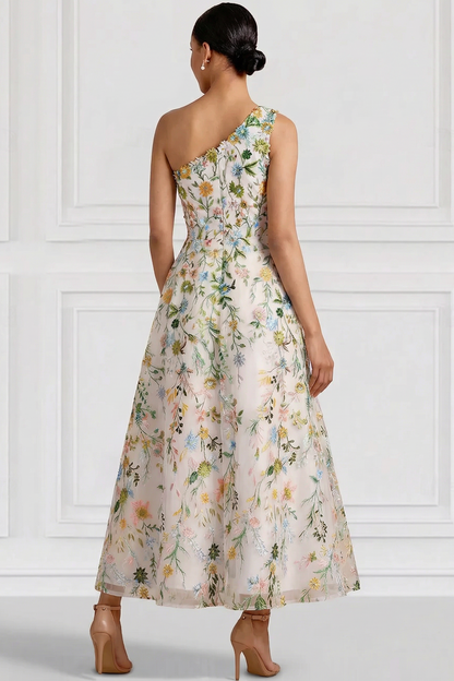 Asymmetrical-Neck Sleeveless 3D-Floral Jacquard Tulle Pleated Ankle-Length A-Line Cocktail Dress