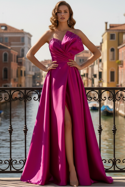 Asymmetrical-Neck Sleeveless Beaded Satin Floor-Length A-Line Evening Dress with High Slit