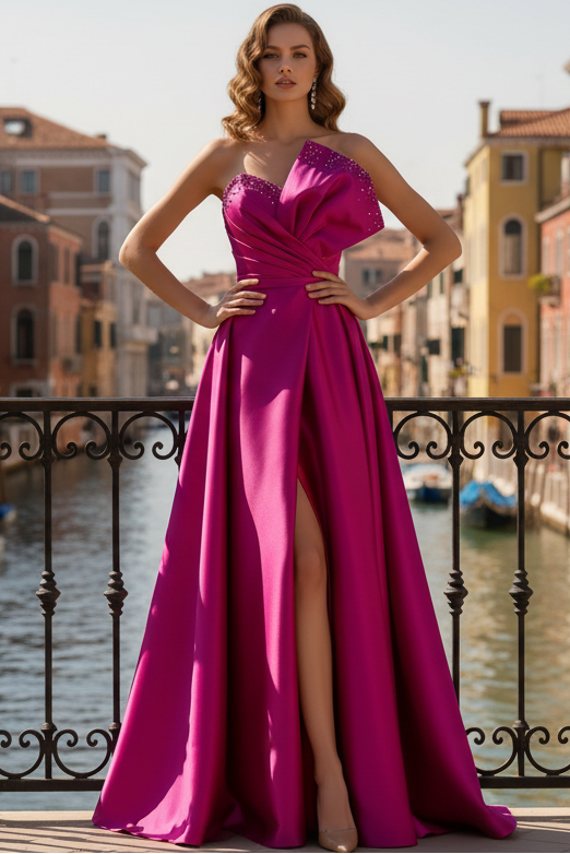 Asymmetrical-Neck Sleeveless Beaded Satin Floor-Length A-Line Evening Dress with High Slit