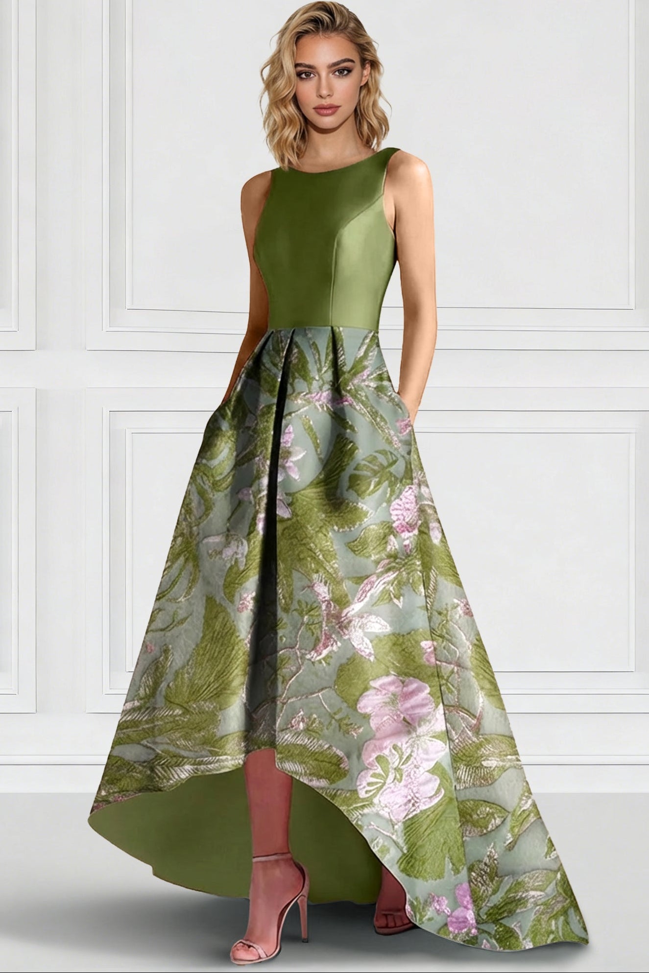 Scoop-Neck Sleeveless Floor-Length Jacquard Satin Pleated High-Low A-Line Evening Dress