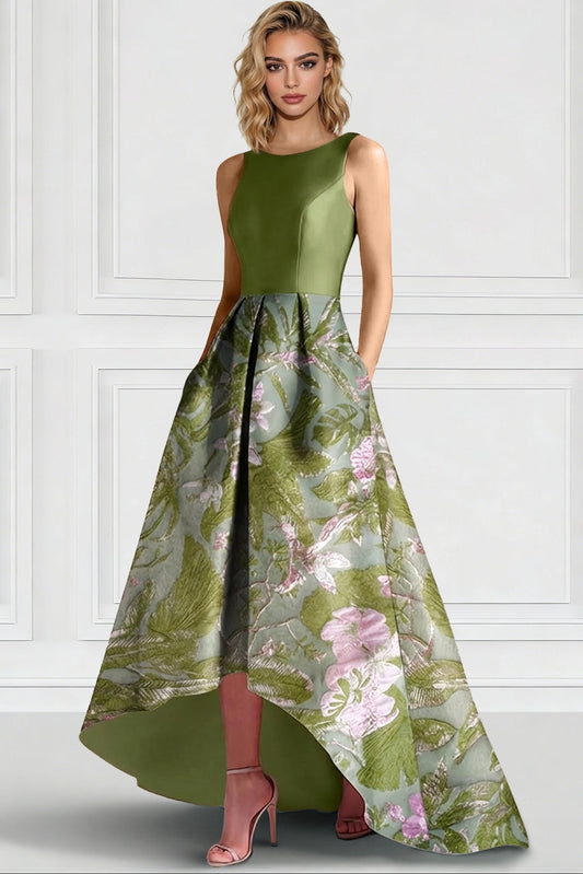 Scoop-Neck Sleeveless Floor-Length Jacquard Satin Pleated High-Low A-Line Evening Dress