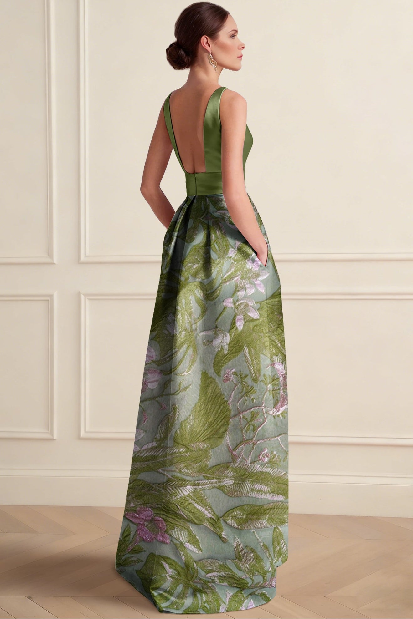 Scoop-Neck Sleeveless Floor-Length Jacquard Satin Pleated High-Low A-Line Evening Dress