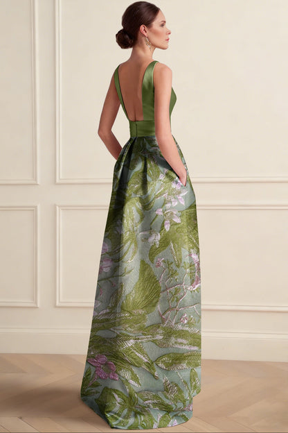 Scoop-Neck Sleeveless Floor-Length Jacquard Satin Pleated High-Low A-Line Evening Dress