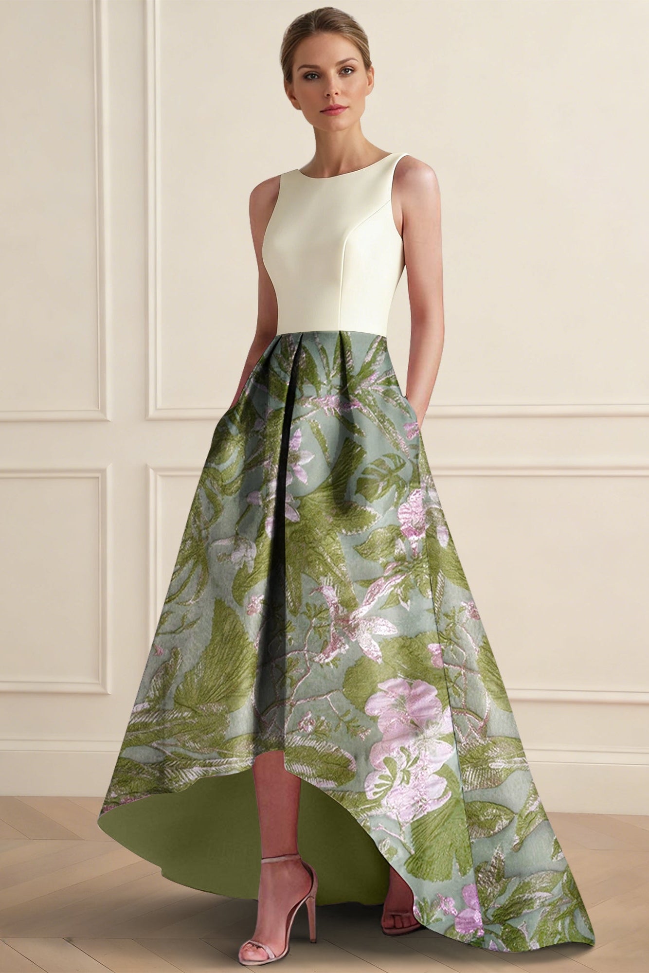 Scoop-Neck Sleeveless Floor-Length Jacquard Satin Pleated High-Low A-Line Evening Dress