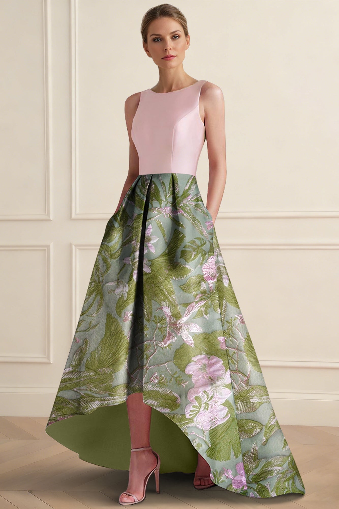 Scoop-Neck Sleeveless Floor-Length Jacquard Satin Pleated High-Low A-Line Evening Dress