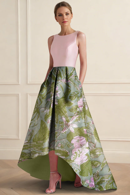 Scoop-Neck Sleeveless Floor-Length Jacquard Satin Pleated High-Low A-Line Evening Dress