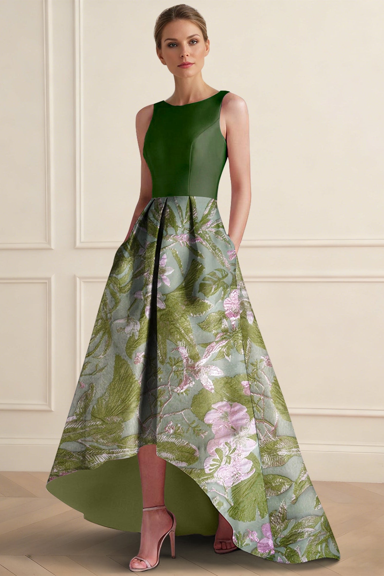 Scoop-Neck Sleeveless Floor-Length Jacquard Satin Pleated High-Low A-Line Evening Dress