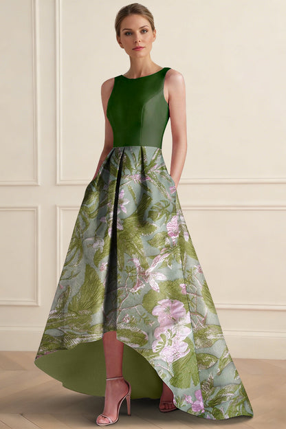 Scoop-Neck Sleeveless Floor-Length Jacquard Satin Pleated High-Low A-Line Evening Dress