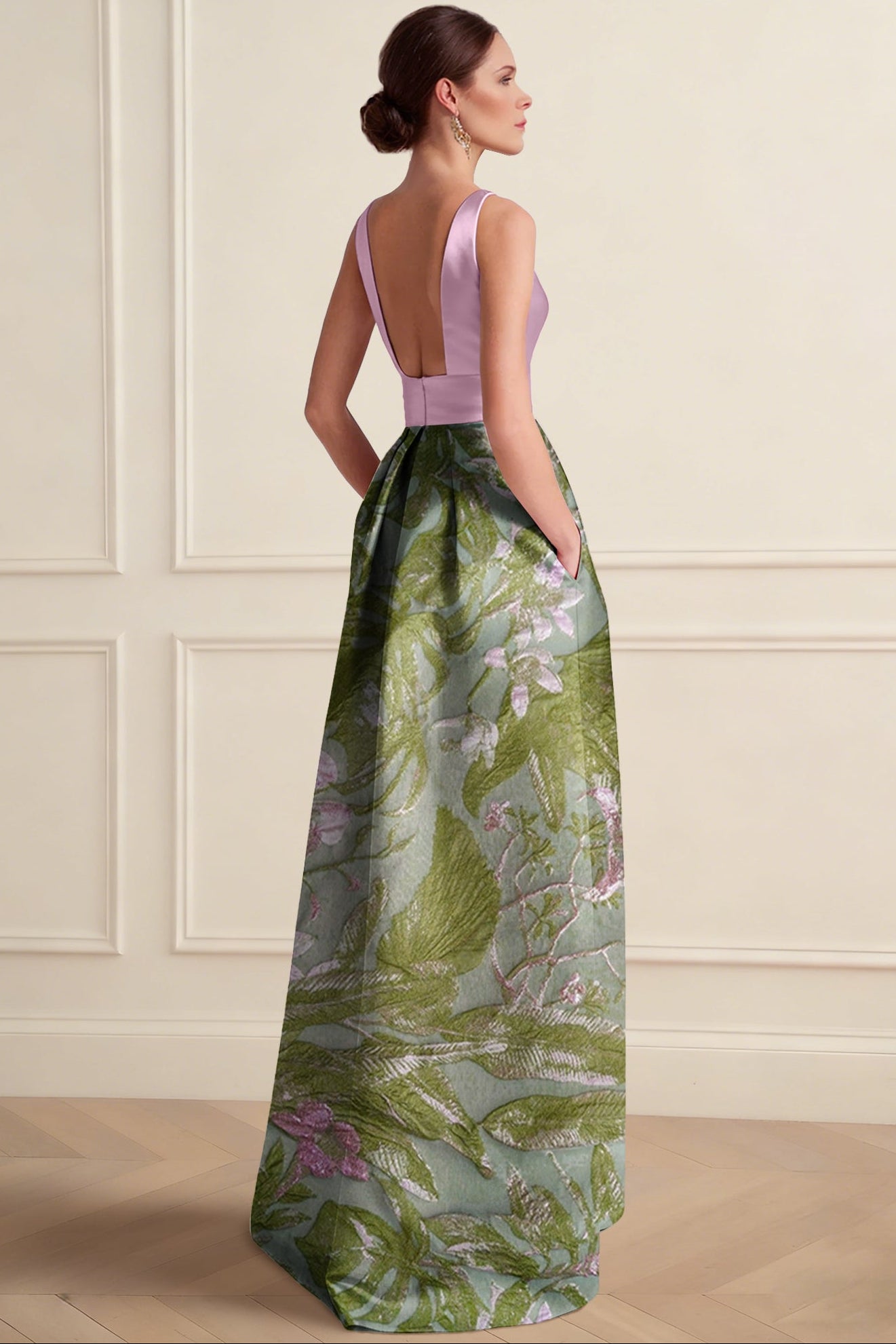 Scoop-Neck Sleeveless Floor-Length Jacquard Satin Pleated High-Low A-Line Evening Dress