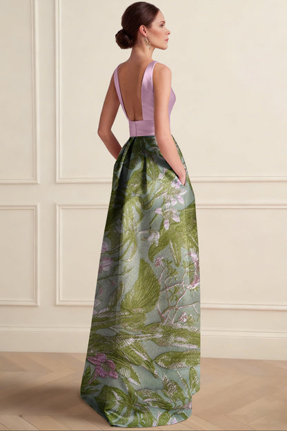 Scoop-Neck Sleeveless Floor-Length Jacquard Satin Pleated High-Low A-Line Evening Dress