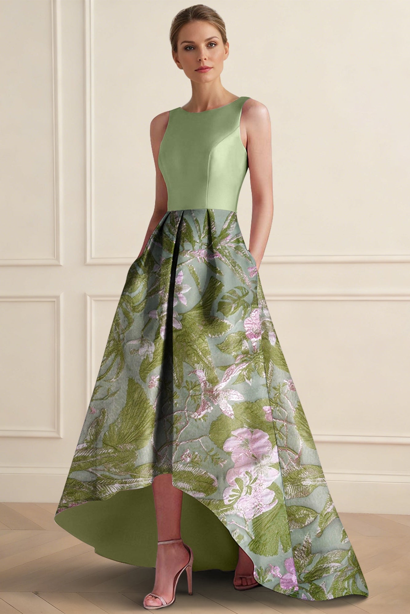 Scoop-Neck Sleeveless Floor-Length Jacquard Satin Pleated High-Low A-Line Evening Dress