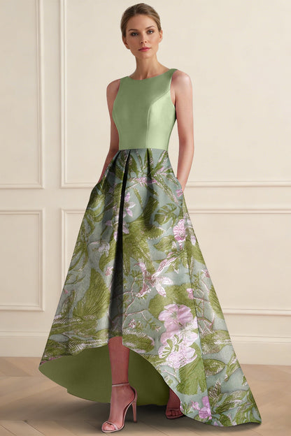 Scoop-Neck Sleeveless Floor-Length Jacquard Satin Pleated High-Low A-Line Evening Dress