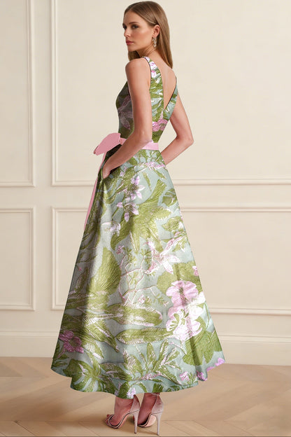 V-Neck Straps Sleeveless Jacquard Satin Pleated Ankle-Length A-Line Formal Cocktail Dress