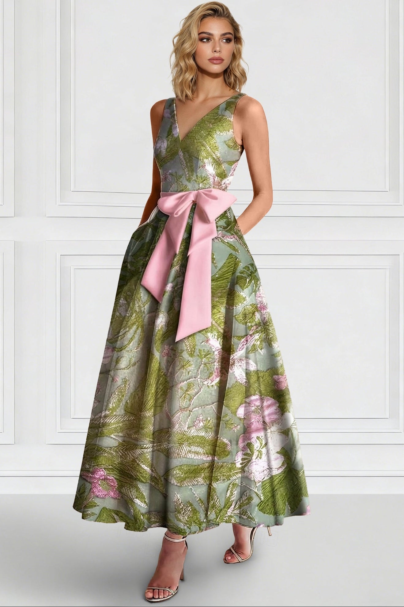 V-Neck Straps Sleeveless Jacquard Satin Pleated Ankle-Length A-Line Formal Cocktail Dress