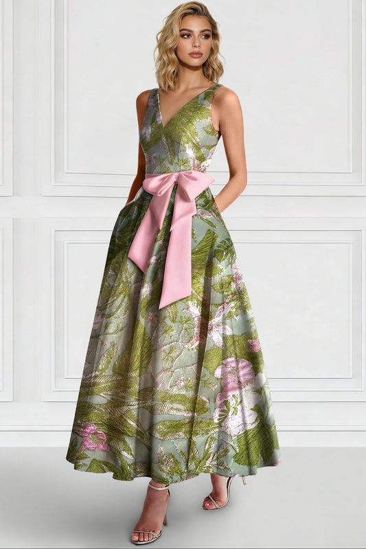 V-Neck Straps Sleeveless Jacquard Satin Pleated Ankle-Length A-Line Formal Cocktail Dress