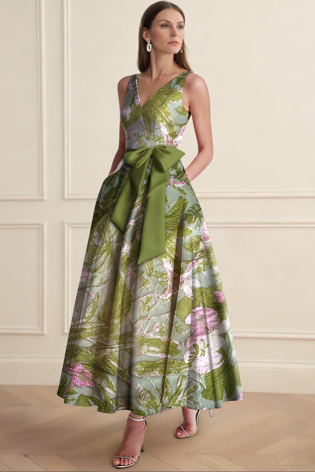 V-Neck Straps Sleeveless Jacquard Satin Pleated Ankle-Length A-Line Formal Cocktail Dress