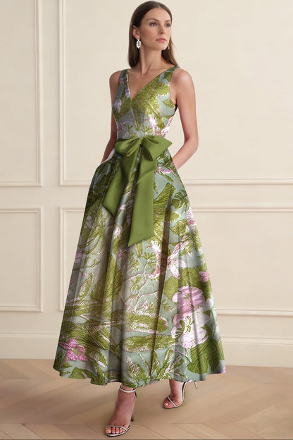 V-Neck Straps Sleeveless Jacquard Satin Pleated Ankle-Length A-Line Formal Cocktail Dress