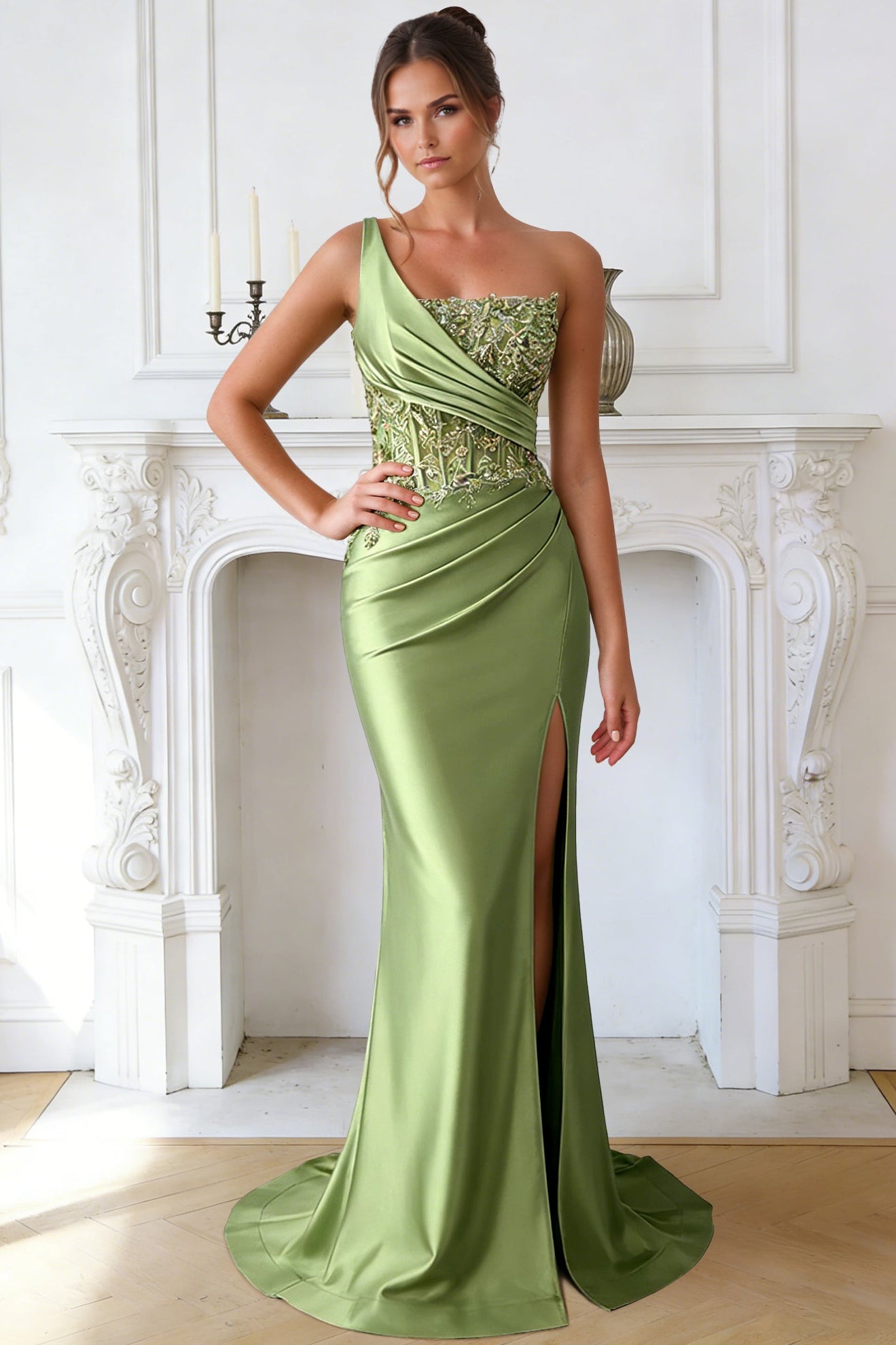 Asymmetrical-Neck One-Strap Sequined Applique Satin Pleated Mermaid Formal Prom Dress