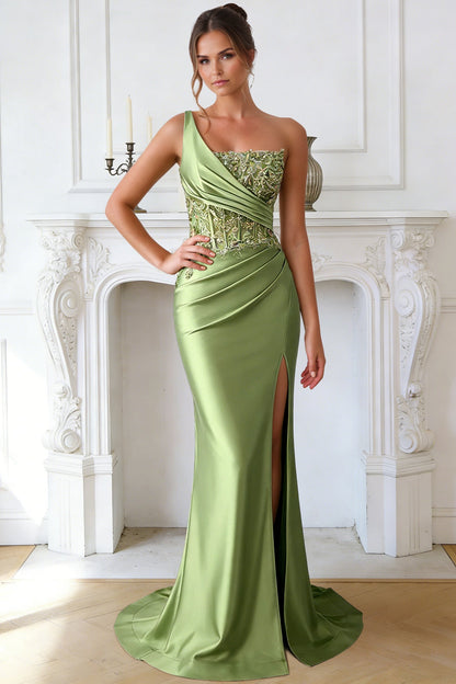 Asymmetrical-Neck One-Strap Sequined Applique Satin Pleated Mermaid Formal Prom Dress