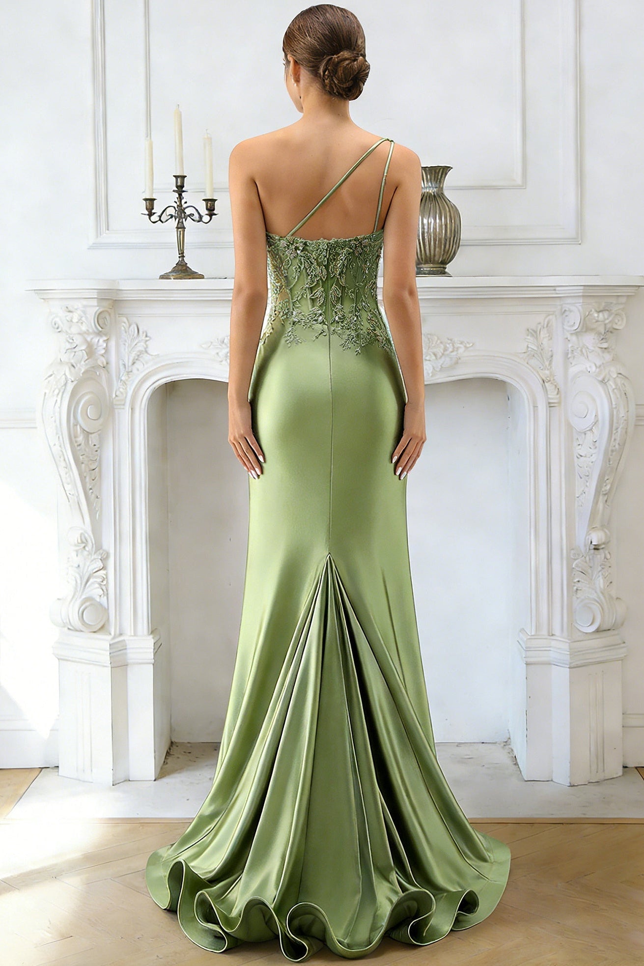 Asymmetrical-Neck One-Strap Sequined Applique Satin Pleated Mermaid Formal Prom Dress