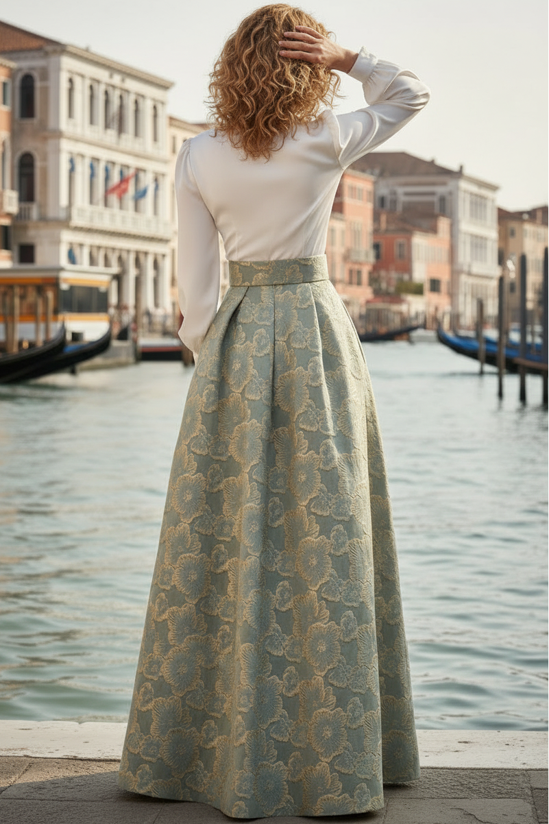 V-Neck Long-Sleeves Jacquard Satin Pleated Floor-Length A-Line Evening Dress