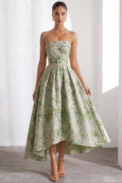 Tube Top Off-Shoulder Sleeveless Jacquard Satin Pleated Ankle-Length A-Line Evening Dress