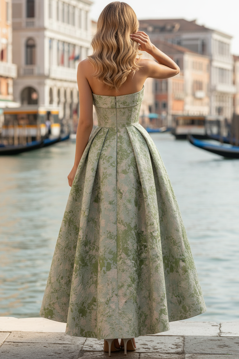 Tube Top Off-Shoulder Sleeveless Jacquard Satin Pleated Ankle-Length A-Line Evening Dress