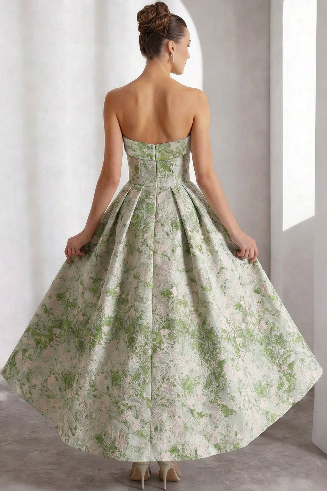 Tube Top Off-Shoulder Sleeveless Jacquard Satin Pleated Ankle-Length A-Line Evening Dress