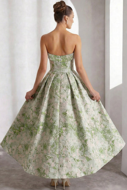 Tube Top Off-Shoulder Sleeveless Jacquard Satin Pleated Ankle-Length A-Line Evening Dress