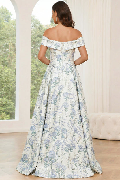 Sweetheart Off-Shoulder Jacquard Satin Pleated Floor-Length A-Line Formal Prom Dress