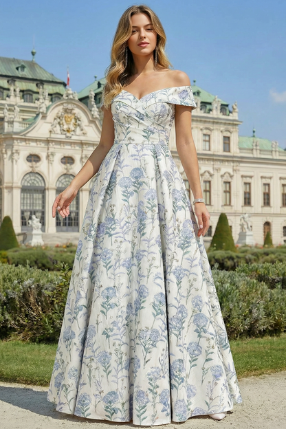 Sweetheart Off-Shoulder Jacquard Satin Pleated Floor-Length A-Line Formal Prom Dress