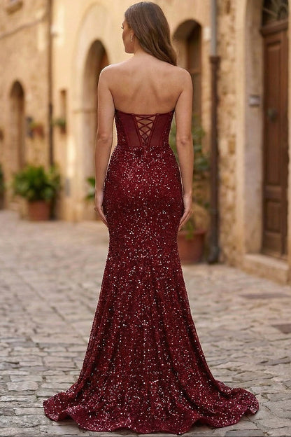 Bateau-Neck Sleeveless Fully Sequined Beaded Pleated Tulle High Slit Mermaid Prom Dress