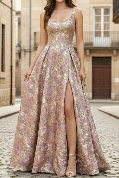 Square-Neck Straps Sleeveless Beaded Jacquard Satin Pleated High Slit A-Line Prom Dress
