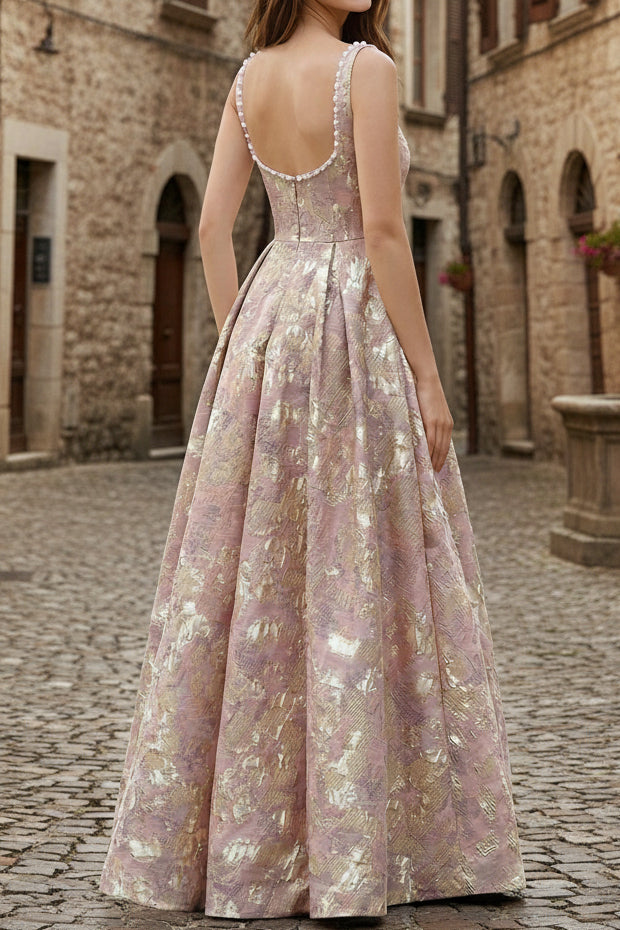 Square-Neck Straps Sleeveless Beaded Jacquard Satin Pleated High Slit A-Line Prom Dress