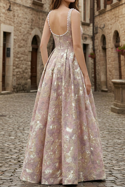 Square-Neck Straps Sleeveless Beaded Jacquard Satin Pleated High Slit A-Line Prom Dress