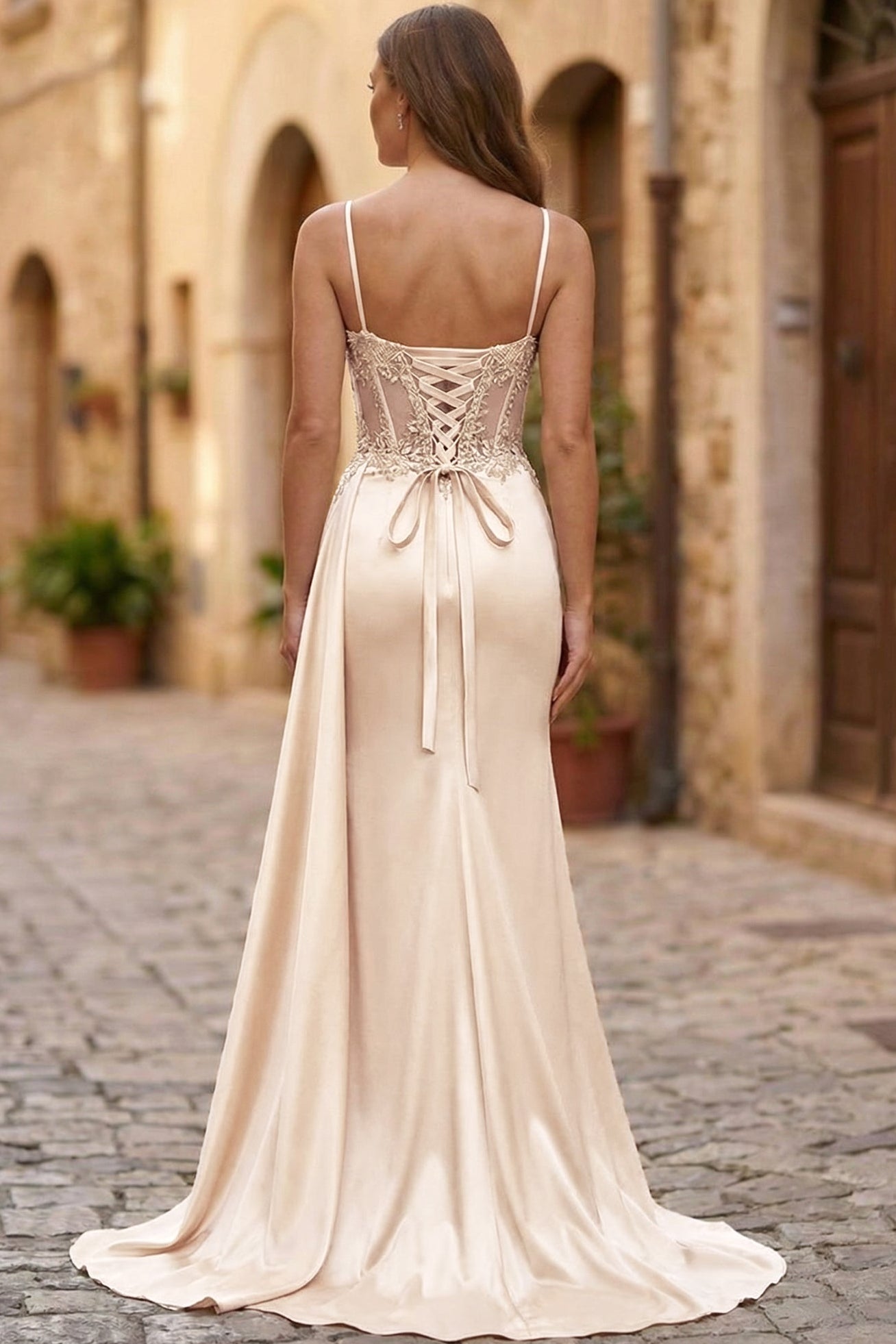 Sweetheart Spaghetti Straps Sequined Beaded Satin Pleated High Slit Mermaid Prom Dress