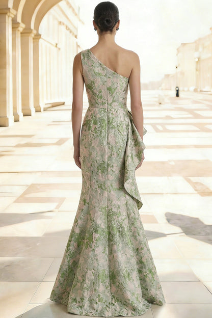 Floor-Length Asymmetrical-Neck Jacquard Ruffled Satin Pleated Mermaid Evening Dress