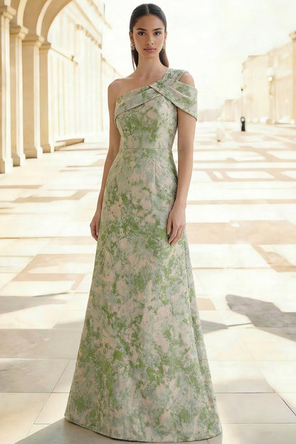 Asymmetrical-Neck Sleeveless Floor-Length Jacquard Satin Pleated Mermaid Evening Dress