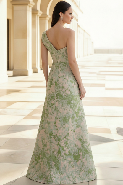 Asymmetrical-Neck Sleeveless Floor-Length Jacquard Satin Pleated Mermaid Evening Dress
