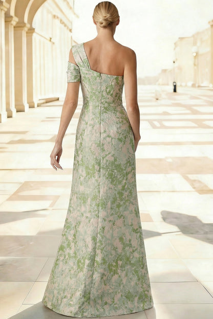 Asymmetrical-Neck Sleeveless Floor-Length Jacquard Satin Pleated Mermaid Evening Dress