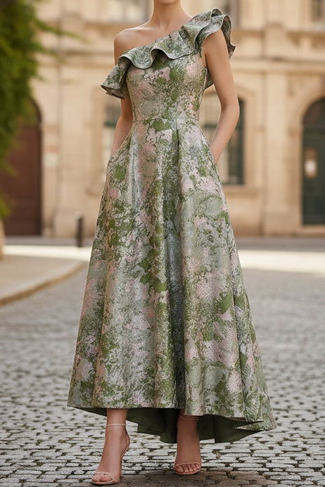 Asymmetrical-Neck Ruffled Jacquard Satin Pleated Ankle-Length A-Line Mother of the Bride Dress